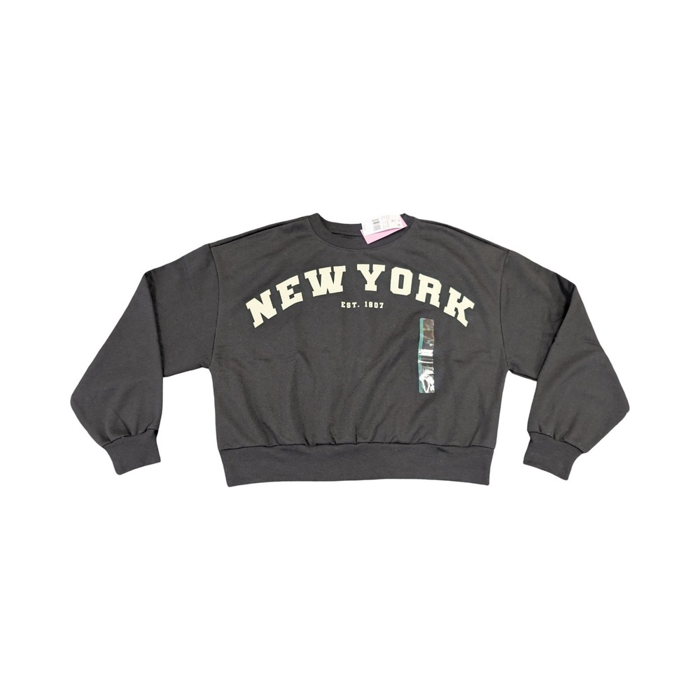⭐C4 Women's New York‎ Cropped Fleece Sweatshirt Black Midweight Crew Neck Size M